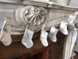 Mini Toile De Jouy Christmas Stocking Garland, Red, Blue, Green, Holiday Decor