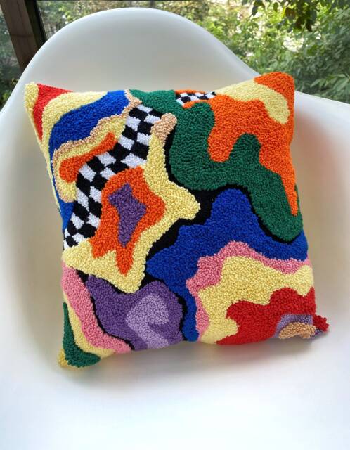 Hand Tufted Punch Needle Pillow Cover, Decorative Embroidered Cushion Cover, Y2K Checker Aesthetics, Fun Home Decor Rug, Colourful Throw - image 1