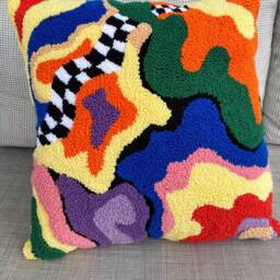 Hand Tufted Punch Needle Pillow Cover, Decorative Embroidered Cushion Cover, Y2K Checker Aesthetics, Fun Home Decor Rug, Colourful Throw - thumbnail 3