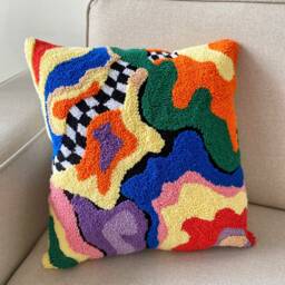 Hand Tufted Punch Needle Pillow Cover, Decorative Embroidered Cushion Cover, Y2K Checker Aesthetics, Fun Home Decor Rug, Colourful Throw - thumbnail 2