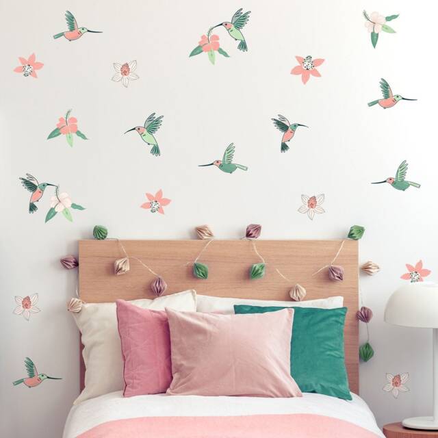 Hummingbird & Hibiscus Flowers Wall Stickers, Jungle Safari Room Decor - image 1