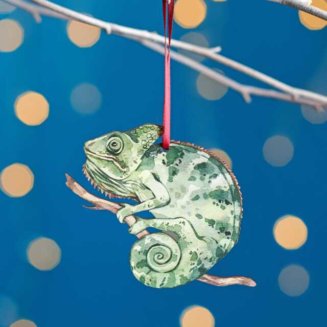 Chameleon Christmas Tree Decoration, Birch Plywood Ornament, Animal Lover Gift, Festive Watercolour Art, Traditional Keepsake - image 1