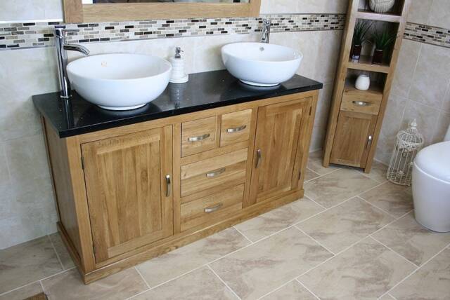 Bathroom Vanity Unit - Solid Oak With Black Quartz Top & Ceramic Bowl Options 603Bqcbc - image 1