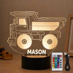 Personalised Dump Truck Night Light - Custom Name Led Lamp, Kids Bedroom Decor - thumbnail 1