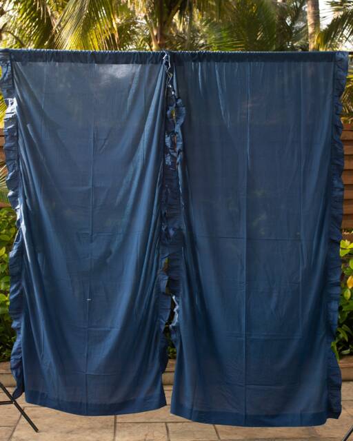 Blue Ruffle Semi Sheer Curtains, Cotton Curtains, Curtain Panels, Curtains Boho, Blue Curtains , Solid Blue Curtains, Pack Of 1 - image 1
