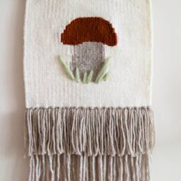 Mushroom Woven Wall Hanging Handmade Wool Tapestry, Woodland Nursery Decor - thumbnail 2