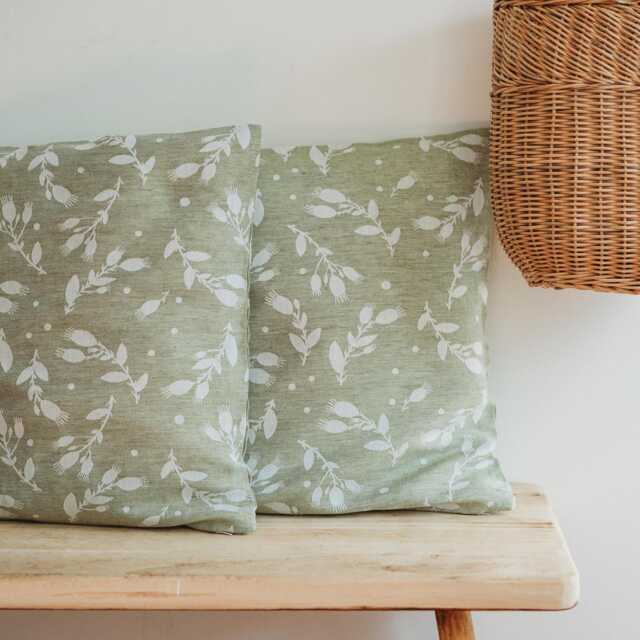 Jacquard Linen Pillowcase Rosehips Botanical Olive Green Cover - image 1