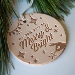 Leather Christmas Ornament - Merry & Bright Holiday Decor - thumbnail 2