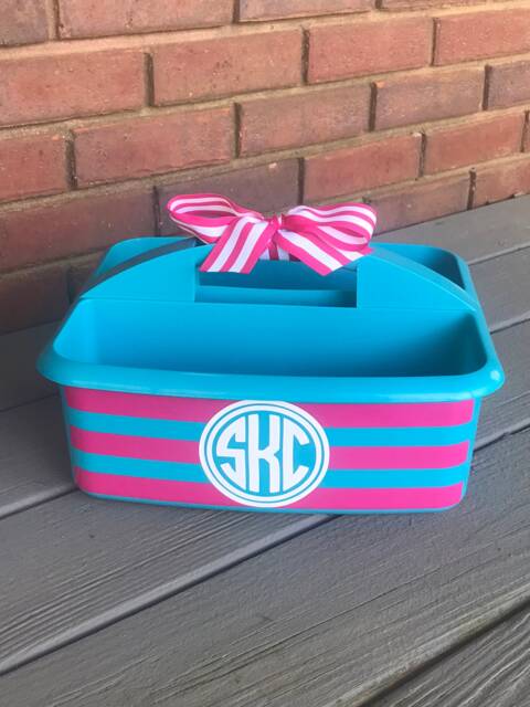 Personalized Shower Caddy With Stripes & Initial/Initials - Graduation Present Teacher/Craft Organizer - image 1