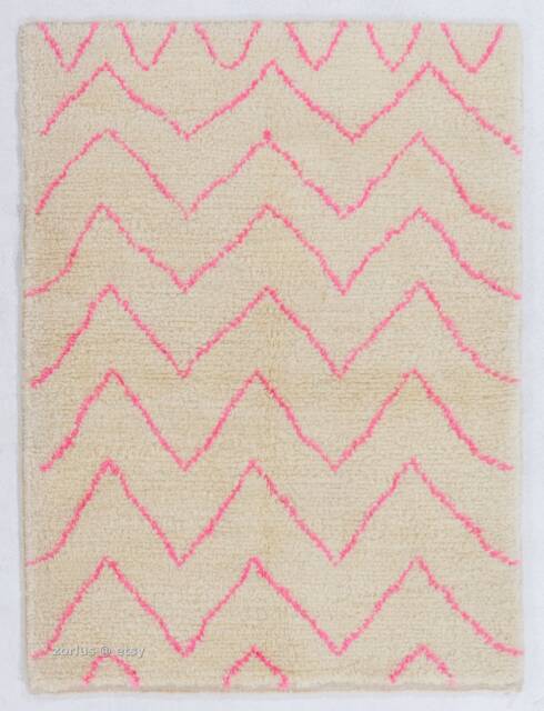 Handmade Beige Beni Ourain Rug Pink Geometric Berber Rug - image 1