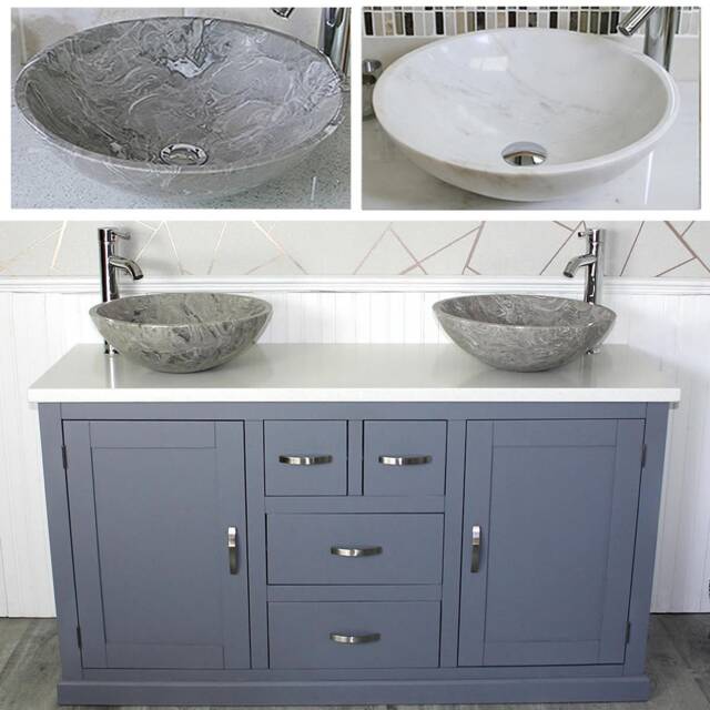 Grey Bathroom Double Vanity Unit Cabinet White Quartz Marble Basin Set 603Gwqsbc - image 1