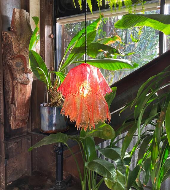 The Echo Lamp. Red & Amber Handmade Resin Pendant One-Of-A-Kind Jellyfish Mushroom Shaped Lighting. Home Decor Light Fixture - image 1