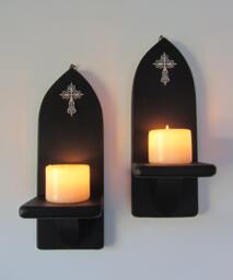 Pair Of Church Gothic Matte Black Wall Sconce Led Candle Holders With Antique Silver Cross Crucifix Decoration