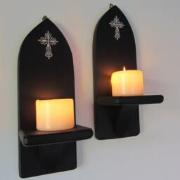 Pair Of Church Gothic Matte Black Wall Sconce Led Candle Holders With Antique Silver Cross Crucifix Decoration - thumbnail 3