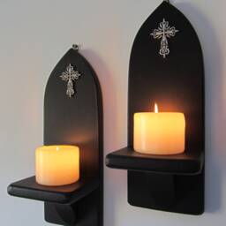 Pair Of Church Gothic Matte Black Wall Sconce Led Candle Holders With Antique Silver Cross Crucifix Decoration - thumbnail 2