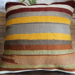 Handwoven Kilim Pillow Cover - Vintage Wool Striped Cushion - 16x16 In - thumbnail 2