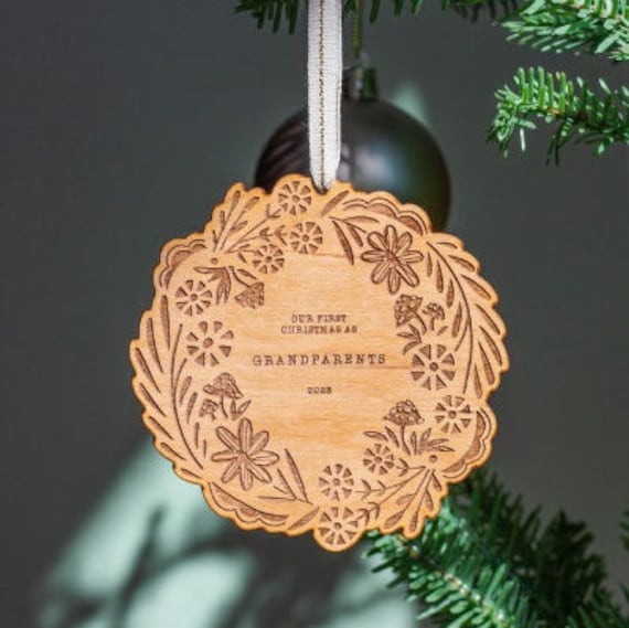 Our First Christmas As Grandparents 2025 Wreath Wood Ornament [Personalized Gifts, Custom Message, Christmas, Holiday, Stocking Stuffers] - image 1