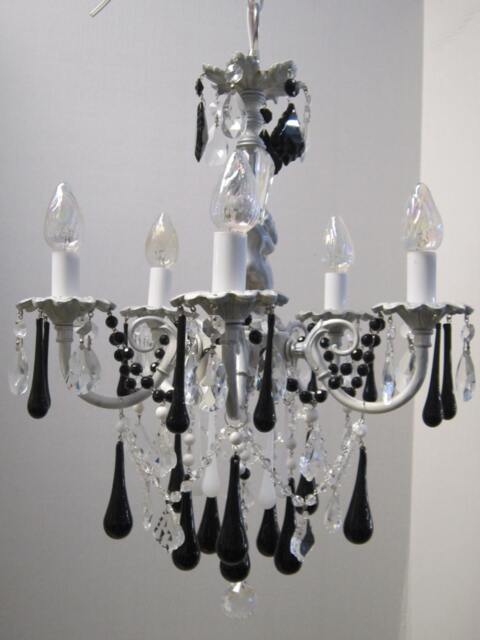 Shabby White With Silver 5 Arm Cherub Chandelier Black, White, Clear Crystal Teardrops. Mini Custom Made To Order - image 1