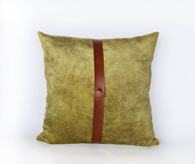 Light Green Velvet Pillow Cover With Faux Leather Strap - image 1