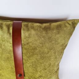 Light Green Velvet Pillow Cover With Faux Leather Strap - thumbnail 3