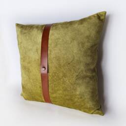 Light Green Velvet Pillow Cover With Faux Leather Strap - thumbnail 2