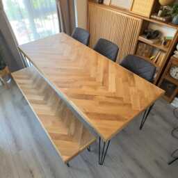 Solid Dark Oak Dining Table With A Herringbone Inlay & Optional Bench - thumbnail 2