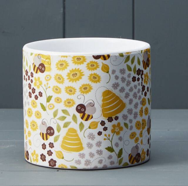 White Ceramic Planter With Yellow Honey Bee Design - 12cm X 13cm - image 1