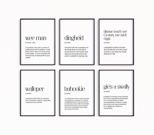 Scottish Poster Prints, Set Of Scotland Slang, Gift, Unique Gift Ideas, Themed Wall Art, Dictionary Scot