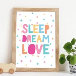 Sleep Dream Love Print, Girls Nursery Prints, Pastel Bedroom Quotes, Wall Art, Playroom Prints - thumbnail 1