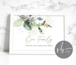 Family Surname & Names Personalised Print, Family, Gold Greenery Foliage Eucalyptus Keepsake, New Home Gift, Couple Engagement Gift - thumbnail 1