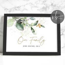 Family Surname & Names Personalised Print, Family, Gold Greenery Foliage Eucalyptus Keepsake, New Home Gift, Couple Engagement Gift - thumbnail 2