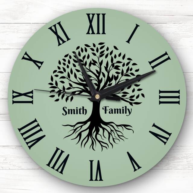 Family Tree Black Silhouette Green Personalised Gift Clock - image 1