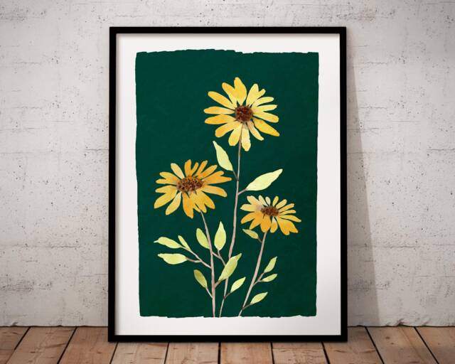 Yellow Flower Print, Wall Art, Botanical Art Minimalist Teal - image 1