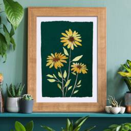 Yellow Flower Print, Wall Art, Botanical Art Minimalist Teal - thumbnail 2