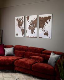 Wooden World Map Wall Art Apartment Decor, Above Bed Decor 5Th Anniversary Gift, New Home House Warming 3 Piece Wood - thumbnail 1