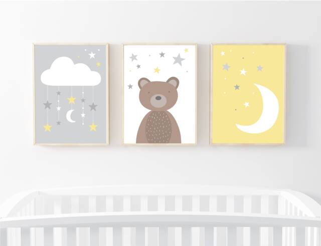 Nursery Prints Set Of 3 Animal For Nursery Bear Grey Unisex Yellow - image 1