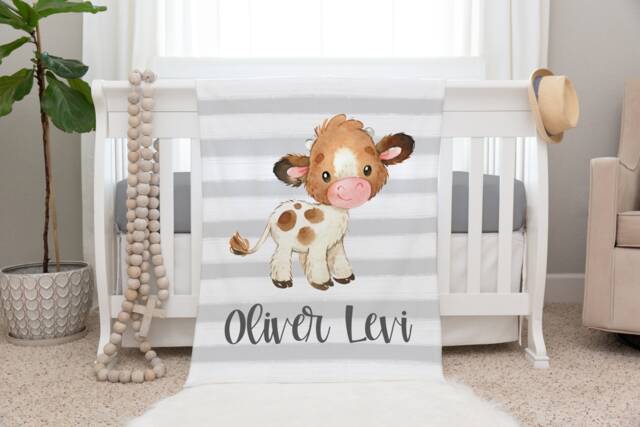 Cow Blanket, Personalized Baby Blanket Gift, Toddler Farm Animal Nursery Decor, Birthday Theme - image 1