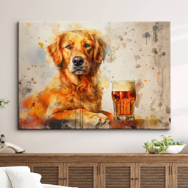 Golden Retriever Beer Glass Painting Framed Poster Print & Canvas Wall Decor Art Bar Kitchen Room Dog Gift Idea Pet - image 1