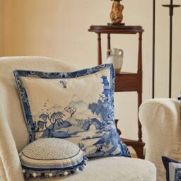 Handmade Blue Porcelain Pillow Cover, Chinoiserie Landscape Chenille Double Sided Sofa Decor - thumbnail 1