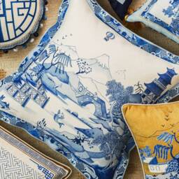 Handmade Blue Porcelain Pillow Cover, Chinoiserie Landscape Chenille Double Sided Sofa Decor - thumbnail 3