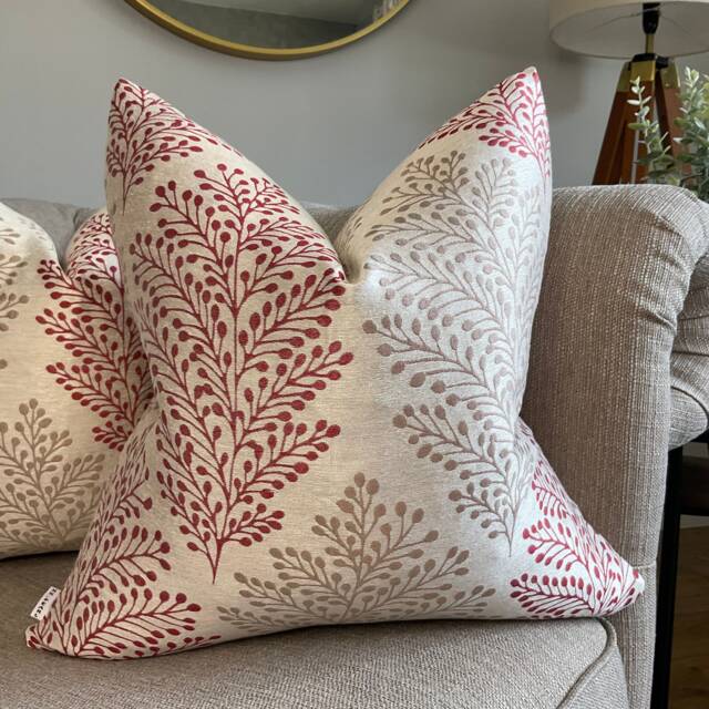 Jessie Red Taupe Leaf Fern Cushion Cover - Double Sided Designer Fabric By Bill Beaumont All Sizes - image 1