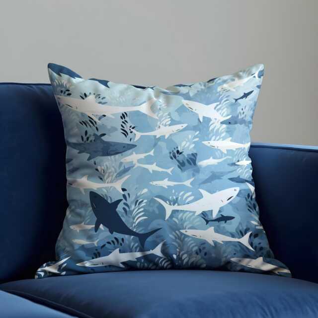 Ocean Shark Cushion Cover, Blue & White Underwater Throw Pillow Case, Coastal Kids Room Or Beach House Nautical Decor - image 1