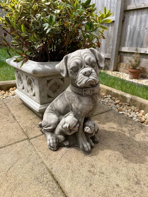 Boxer Dog & Pups Stone Statue - Animal Puppy Outdoor Garden Sculpture Ornament - image 1
