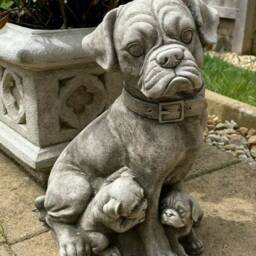 Boxer Dog & Pups Stone Statue - Animal Puppy Outdoor Garden Sculpture Ornament - thumbnail 2