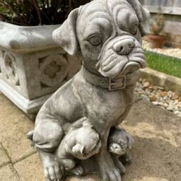 Boxer Dog & Pups Stone Statue - Animal Puppy Outdoor Garden Sculpture Ornament - thumbnail 3