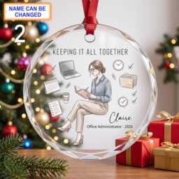 Keeping It All Together Office Administrator Christmas Glass Ornament, Custom Work Keepsake With Laptop, Calendar, Files & Coffe - thumbnail 2