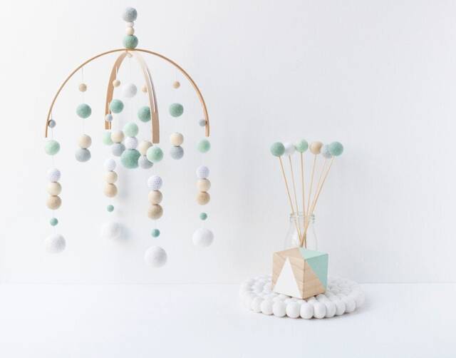Mint, Blue & Beige Baby Mobile - Gender Neutral Felt Pom Crib Minimalist Nursery Cot -Wooden Arch Ceiling Decor - image 1