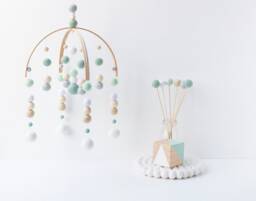 Mint, Blue & Beige Baby Mobile - Gender Neutral Felt Pom Crib Minimalist Nursery Cot -Wooden Arch Ceiling Decor - thumbnail 1