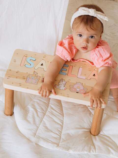 Personalized Toddler Step Stool Wooden Name Puzzle Baptism Girl Gift 1 2 3 Year Old Kids Helper Chair Custom Birthday Gifts - image 1