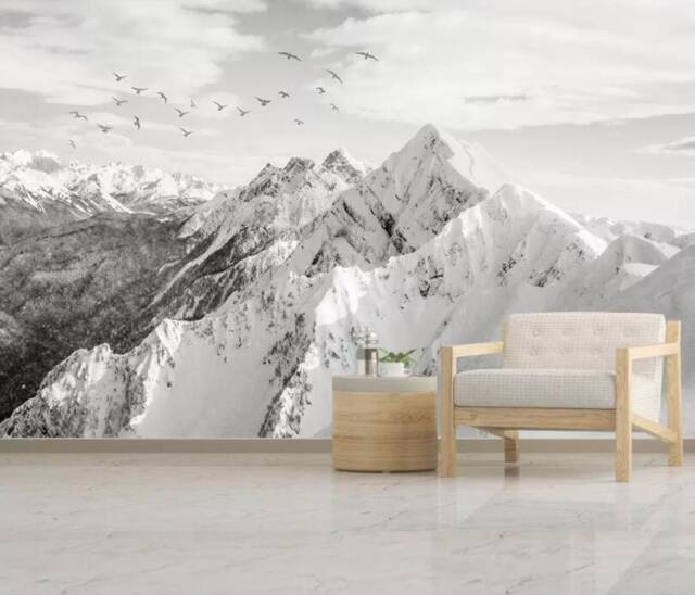 Snow Mountain Wall Mural, Bird Landscape Wallpaper, Peel & Stick - image 1